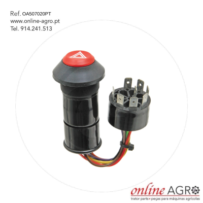 Botão de emergência vermelho com base preta e conectores elétricos