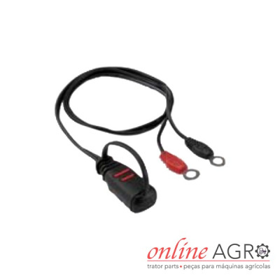 Cabo elétrico preto com terminais vermelho e preto e conector