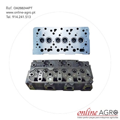 Peças metálicas de motor agrícola sobre fundo branco com texto e contactos