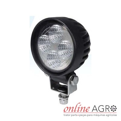 Luz LED redonda preta com suporte metálico em fundo branco