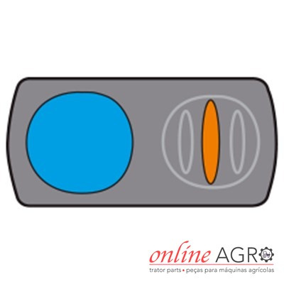Peça metálica cinza com detalhes azul e laranja e logo online AGRO