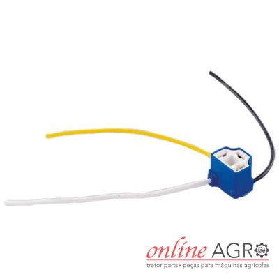 Conector elétrico azul com fios nas cores amarelo, branco e preto