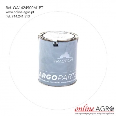 Lata metálica com rótulo azul-cinzento de peça para tratores