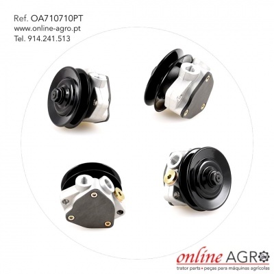 Peças de bombas hidráulicas para máquinas agrícolas em fundo branco com texto e logótipo.