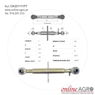 Peça metálica cilíndrica com articulações e desenho técnico para máquinas agrícolas