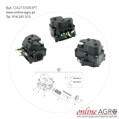 Peças mecânicas pretas com conectores coloridos e esquema técnico próximas a texto de referência e contactos