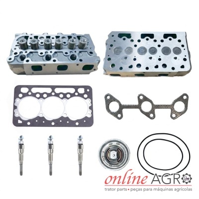 Kit de peças para reparação de motores com cabeça de cilindro, juntas, velas e termóstato, fundo branco e logotipo online AGRO