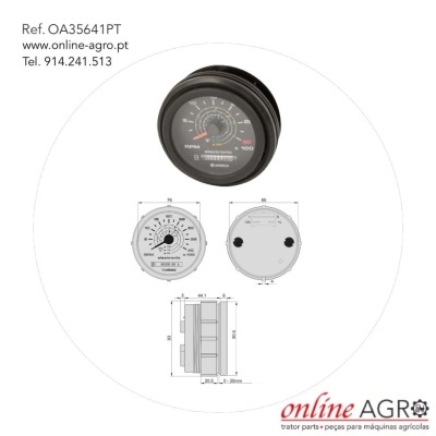 Manómetro redondo preto com escala e ponteiro, desenhos técnicos e texto de referência OA35641PT