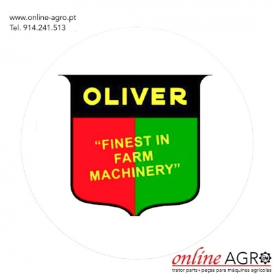 Logotipo OLIVER com texto sobre maquinaria agrícola e contactos do site online-agro.pt