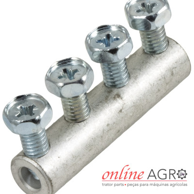 Conector metálico com quatro parafusos prateados e logotipo online AGRO