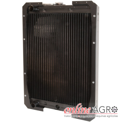 Radiador metálico preto retangular com tubos em fundo branco e logos online AGRO