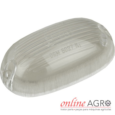 Peça plástica transparente oval com inscrições DGM 6027 1L1