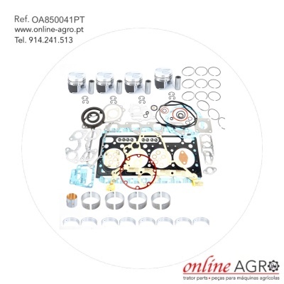 Peças de motor agrícola organizadas sobre fundo branco com informações de referência e contacto