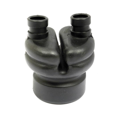 Peça industrial preta com dupla tubagem espiralada e duas aberturas superiores