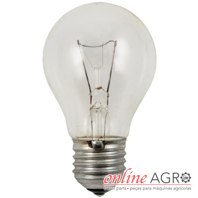 Lâmpada incandescente com base de metal e vidro transparente com logótipo e texto ao fundo