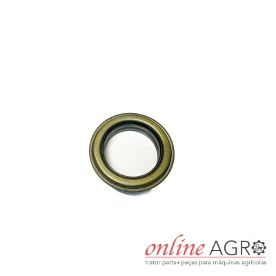 Peça circular metálica dourada com borracha preta em fundo branco e logotipo online AGRO