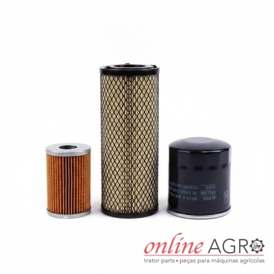 Três filtros para máquinas agrícolas em fundo branco com logótipo Online Agro