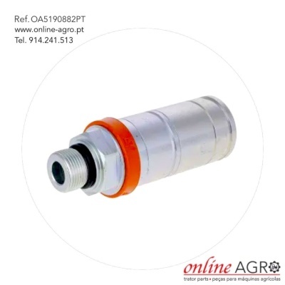 Peça metálica cilíndrica com anel laranja e texto de contacto da Online Agro