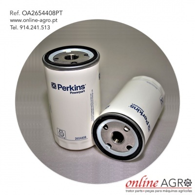 Dois filtros de óleo Perkins Powerpart em fundo cinza, com texto e contacto da loja online AGRO