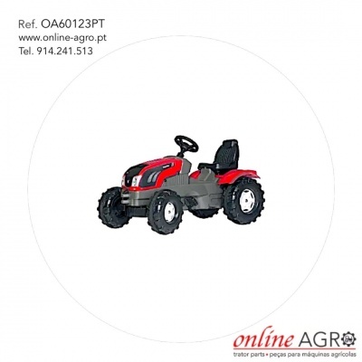 Trator de brinquedo vermelho e cinzento com pneus grandes