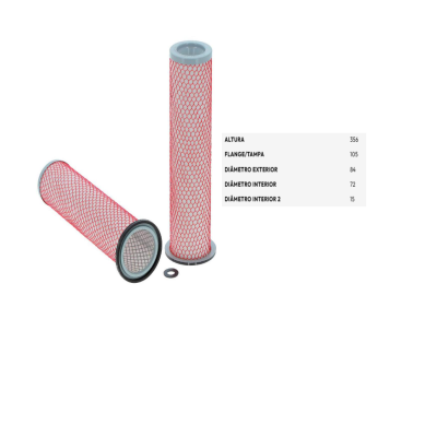 Dois filtros cilíndricos com rede vermelha e tampas cinzentas com dimensões em português