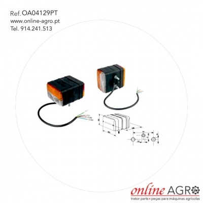 Faróis retangulares âmbar com cabos elétricos e diagrama técnico