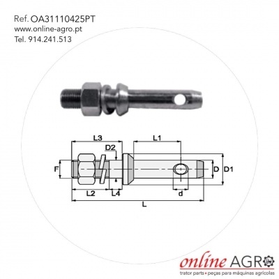Peça metálica com esquema técnico e texto de referência e contacto.