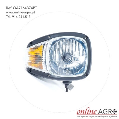 Farol para maquinaria agrícola com lente transparente, luz amarela e suporte metálico