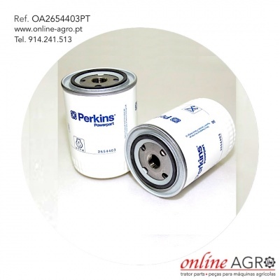 Dois filtros de óleo Perkins Powerpart branco e azul sobre fundo branco claro