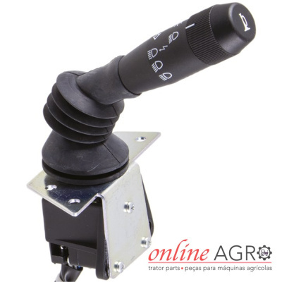 Comando de alavanca preto para máquina agrícola com símbolos de luzes e buzina