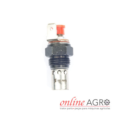 sensor metálico com botão vermelho em fundo branco e logotipo online AGRO