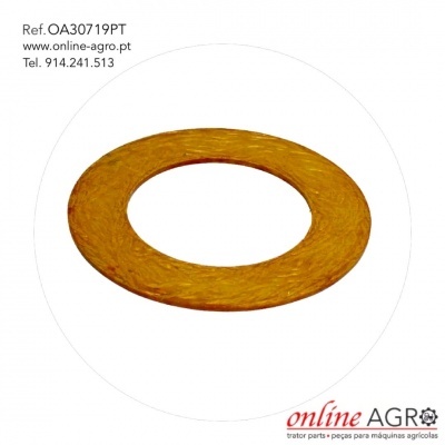 Arruela plana amarela metálica sobre fundo branco com texto e logotipo online AGRO