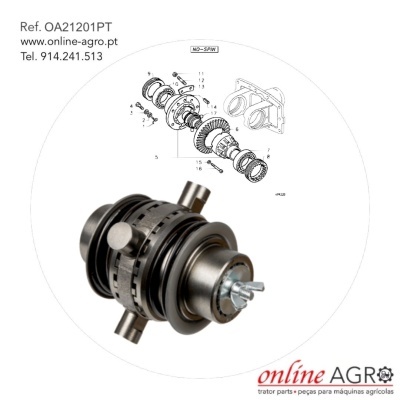 Peça metálica de maquinaria agrícola com desenho técnico e informações de contacto