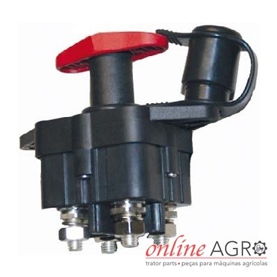 Relé de arranque plástico e metal preto e vermelho com quatro terminais metálicos, fundo branco, logotipo online AGRO
