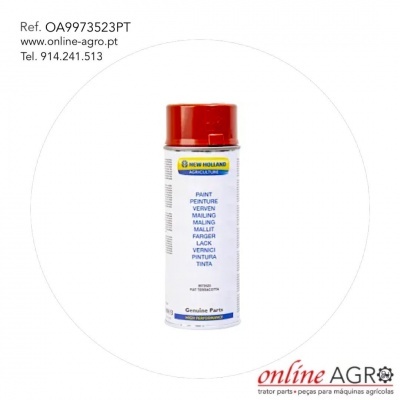 Lata de tinta spray New Holland Agriculture branca com tampa vermelha e texto multilingue