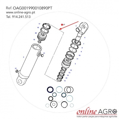 Desenho técnico de um amortecedor agrícola com peças numeradas, texto de contacto e logótipo online AGRO