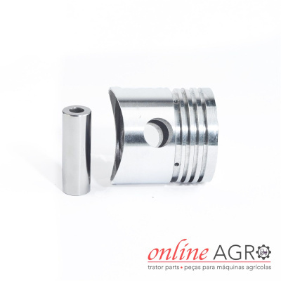 Pistão metálico prateado com orifício central e eixo cilíndrico em fundo branco com logotipo online AGRO