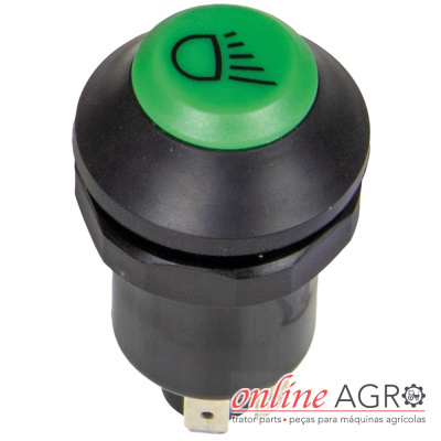 Interruptor redondo preto com botão verde e símbolo de luz