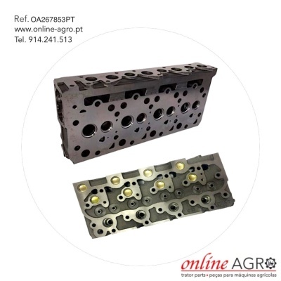 Duas cabeças de motor metálicas com vários furos, texto de referência e logotipo online AGRO