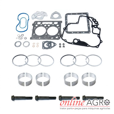 Conjunto de peças para motores agrícolas com juntas, anéis, casquilhos e parafusos sobre fundo branco.
