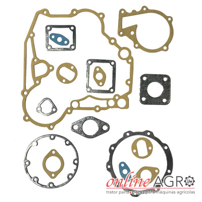Conjunto de juntas para máquinas agrícolas em várias formas e cores sobre fundo branco com logótipo online AGRO.