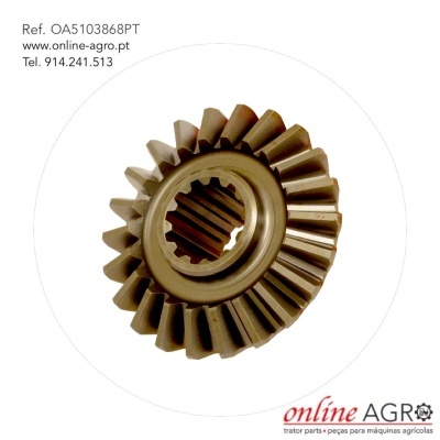 Engrenagem metálica castanha escura com dentes helicoidais e texto informativo.