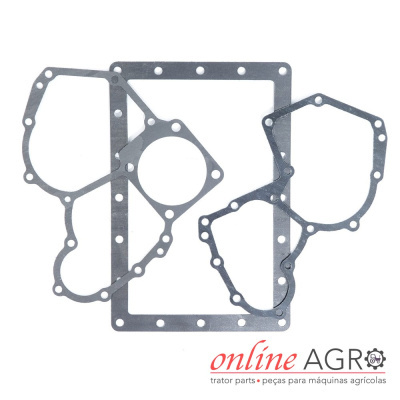 Conjunto de juntas metálicas para motores com vários furos em fundo branco e logótipo online AGRO.