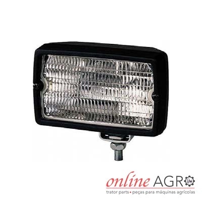 Farol retangular preto com lente transparente e suporte metálico