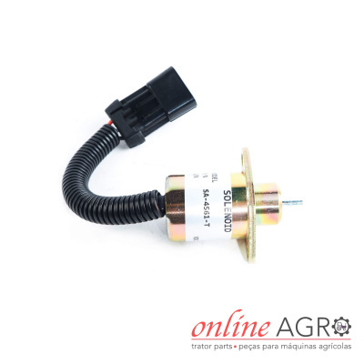 Peça solenoide metálica com conector preto e tubo flexível preto com etiqueta visível
