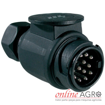 Conector elétrico negro com pinos metálicos para máquinas agrícolas