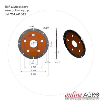 Gráfico técnico de peça circular para maquinaria agrícola com texto de referência e contacto.