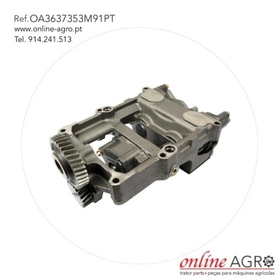 Peça metálica cinza para máquina agrícola com engrenagem grande e parafusos, texto de referência e contacto