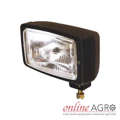 Farol retangular preto com lente transparente para máquinas agrícolas