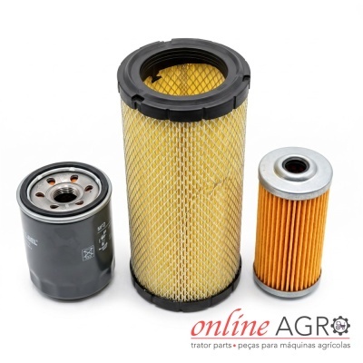 Três filtros agrícolas em fundo branco com logo online AGRO